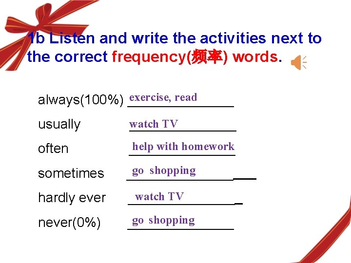 1 b Listen and write the activities next to the correct frequency(频率) words. exercise, 1 b Listen and write the activities next to the correct frequency(频率) words. exercise,