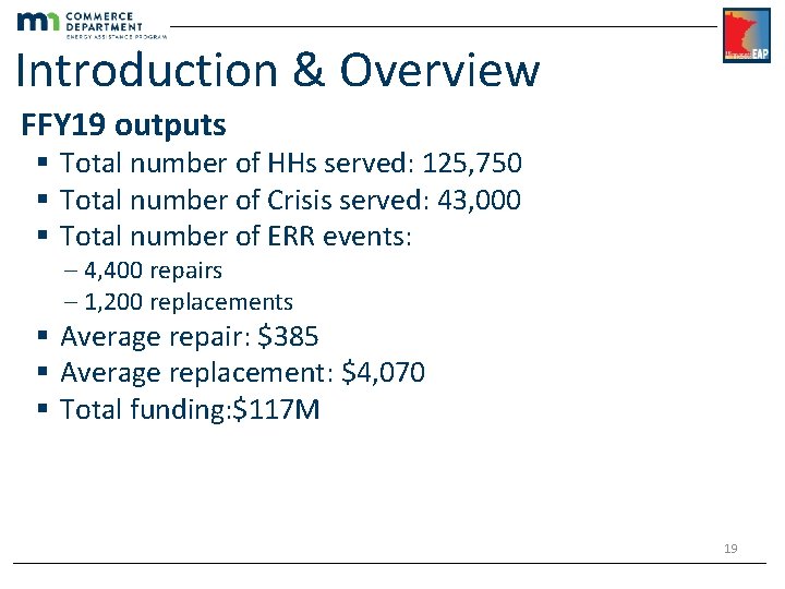 Introduction & Overview FFY 19 outputs § Total number of HHs served: 125, 750