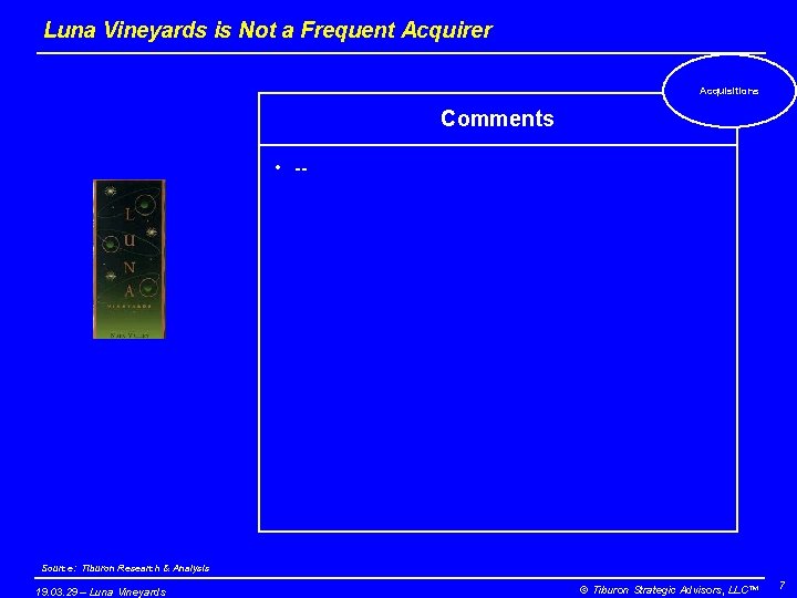 Luna Vineyards is Not a Frequent Acquirer Acquisitions Comments • -- Source: Tiburon Research