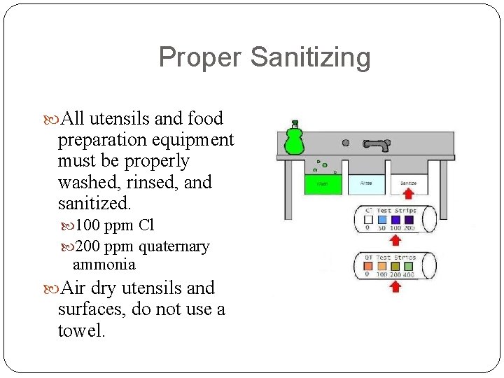 Proper Sanitizing All utensils and food preparation equipment must be properly washed, rinsed, and