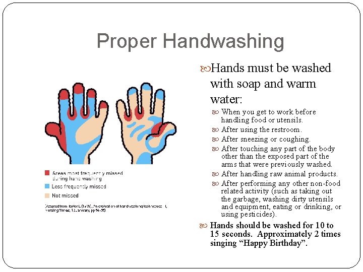 Proper Handwashing Hands must be washed with soap and warm water: When you get