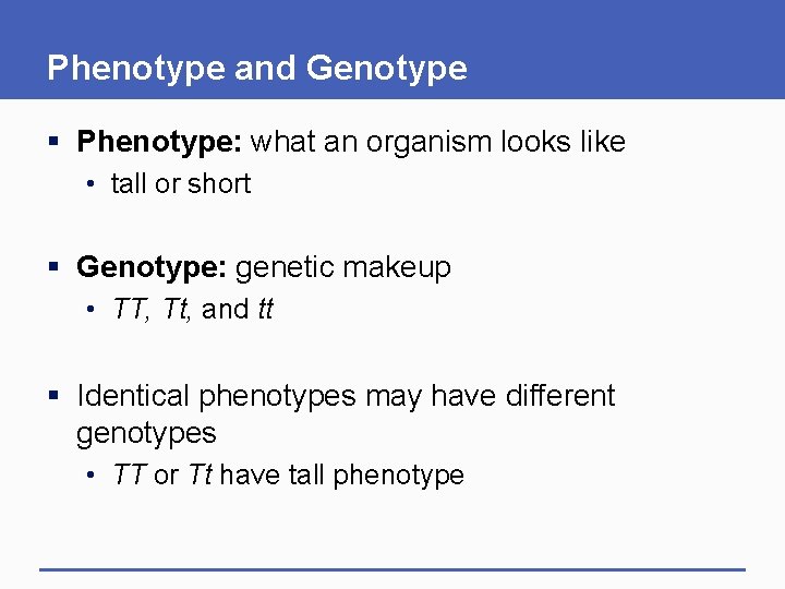 Phenotype and Genotype § Phenotype: what an organism looks like • tall or short