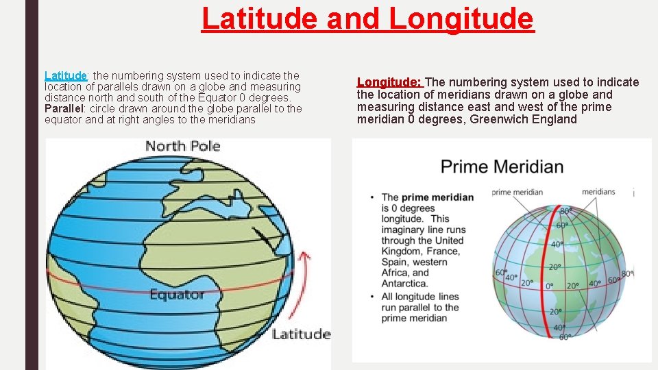 Latitude and Longitude Latitude: the numbering system used to indicate the location of parallels