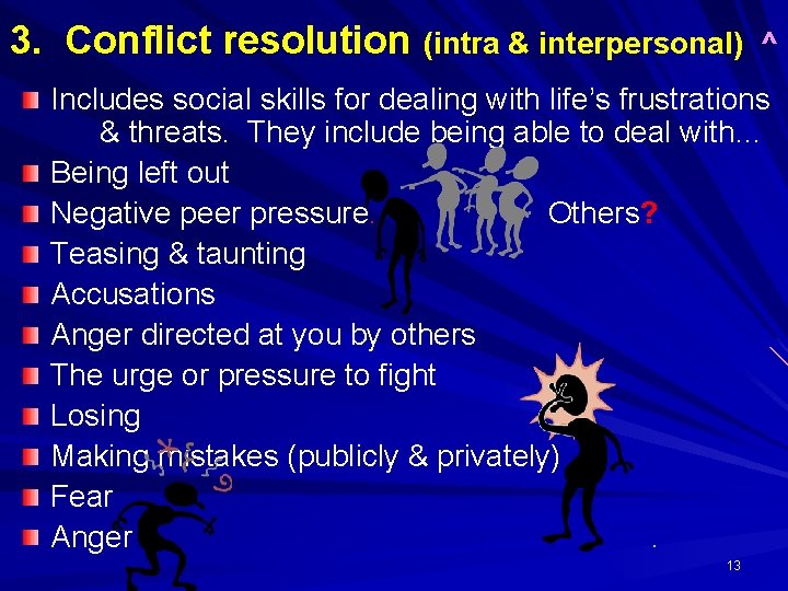 3. Conflict resolution (intra & interpersonal) ^ Includes social skills for dealing with life’s