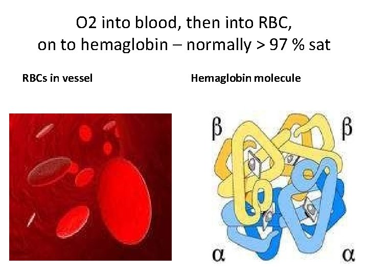 O 2 into blood, then into RBC, on to hemaglobin – normally > 97