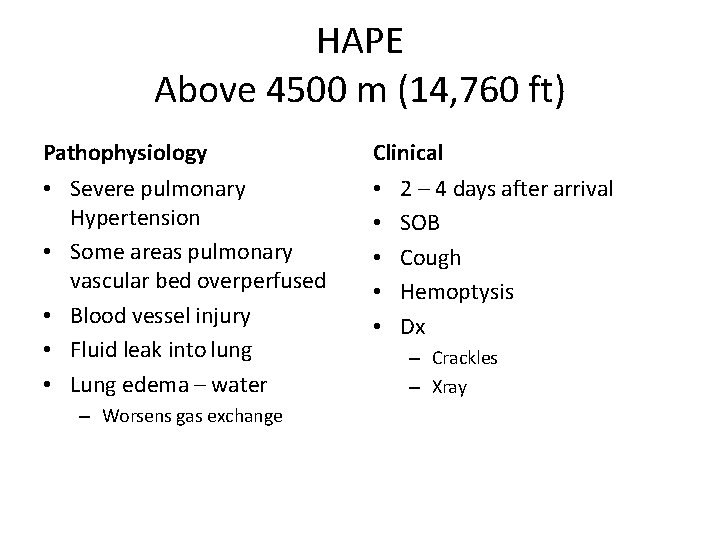 HAPE Above 4500 m (14, 760 ft) Pathophysiology • Severe pulmonary Hypertension • Some