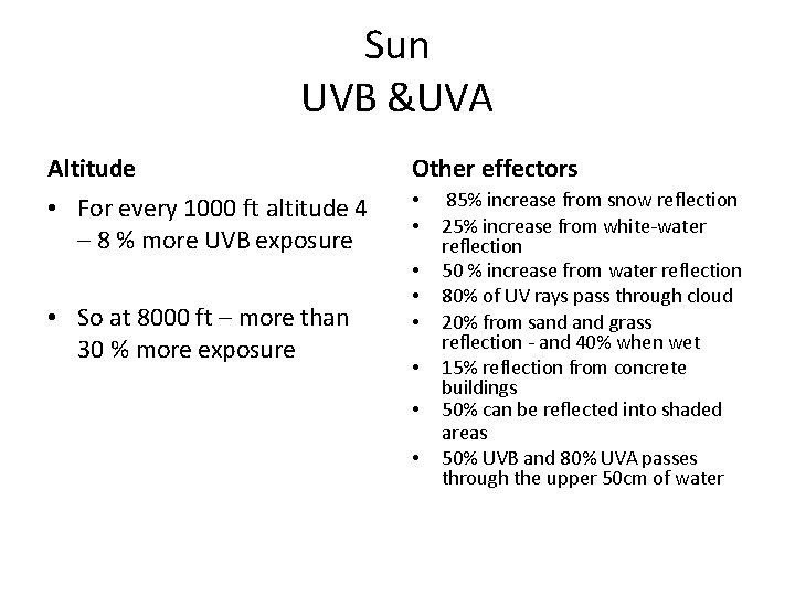 Sun UVB &UVA Altitude • For every 1000 ft altitude 4 – 8 %