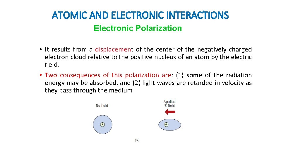 ATOMIC AND ELECTRONIC INTERACTIONS Electronic Polarization • It results from a displacement of the