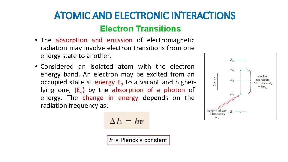 ATOMIC AND ELECTRONIC INTERACTIONS Electron Transitions • The absorption and emission of electromagnetic radiation