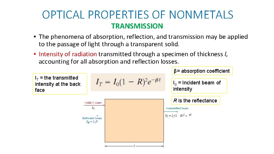 OPTICAL PROPERTIES OF NONMETALS TRANSMISSION • The phenomena of absorption, reflection, and transmission may