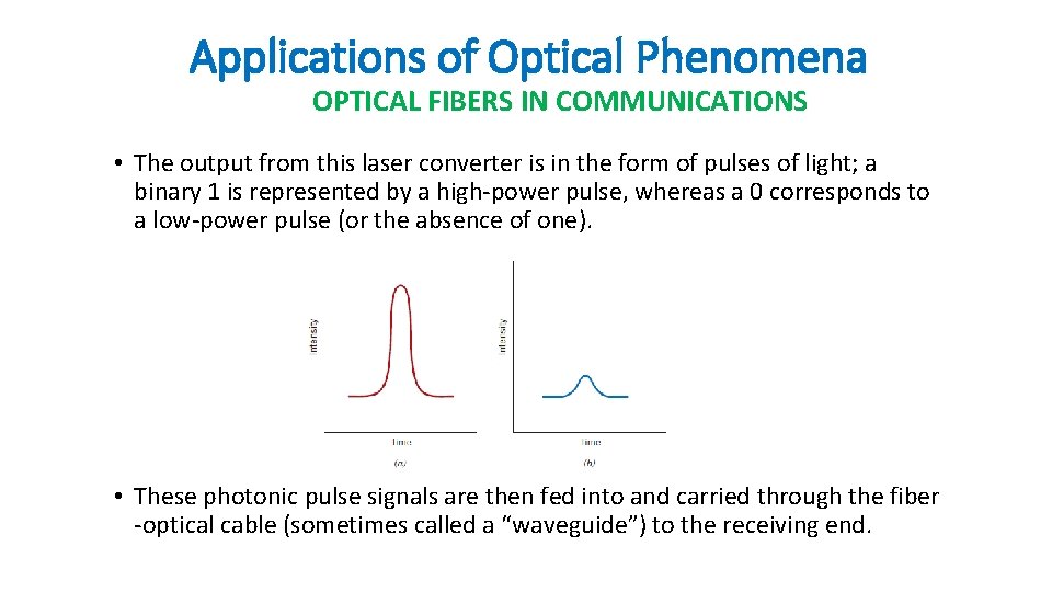 Applications of Optical Phenomena OPTICAL FIBERS IN COMMUNICATIONS • The output from this laser