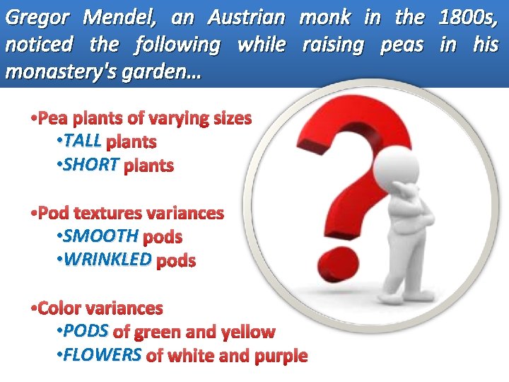 Gregor Mendel, an Austrian monk in the 1800 s, noticed the following while raising