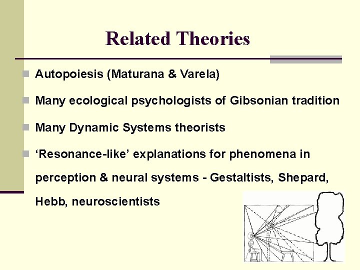 Related Theories n Autopoiesis (Maturana & Varela) n Many ecological psychologists of Gibsonian tradition