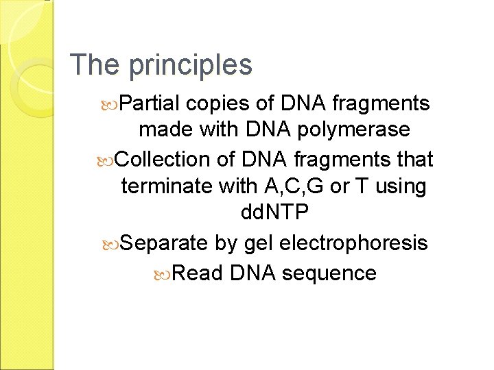 The principles Partial copies of DNA fragments made with DNA polymerase Collection of DNA