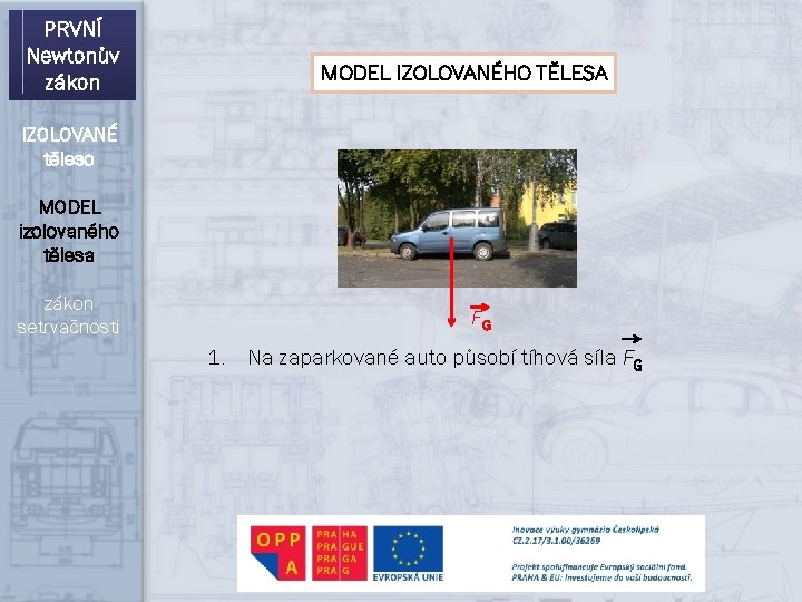 PRVNÍ Newtonův zákon MODEL IZOLOVANÉHO TĚLESA IZOLOVANÉ těleso MODEL izolovaného tělesa zákon setrvačnosti FG PRVNÍ Newtonův zákon MODEL IZOLOVANÉHO TĚLESA IZOLOVANÉ těleso MODEL izolovaného tělesa zákon setrvačnosti FG