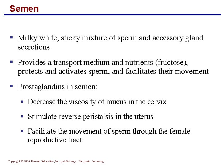 Semen § Milky white, sticky mixture of sperm and accessory gland secretions § Provides