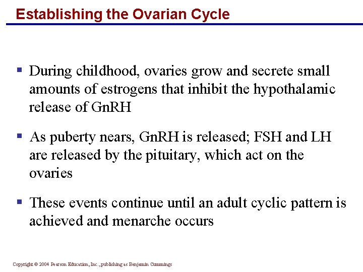 Establishing the Ovarian Cycle § During childhood, ovaries grow and secrete small amounts of
