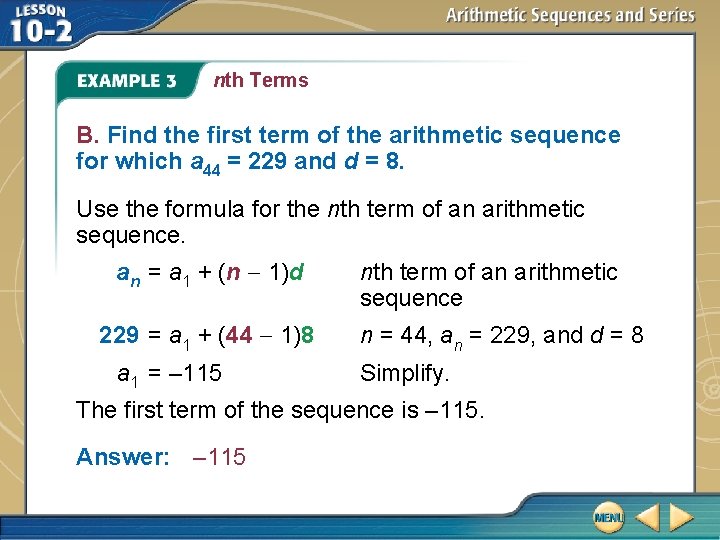 nth Terms B. Find the first term of the arithmetic sequence for which a