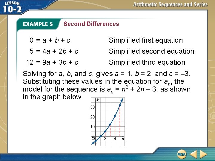 Second Differences 0 =a+b+c Simplified first equation 5 = 4 a + 2 b