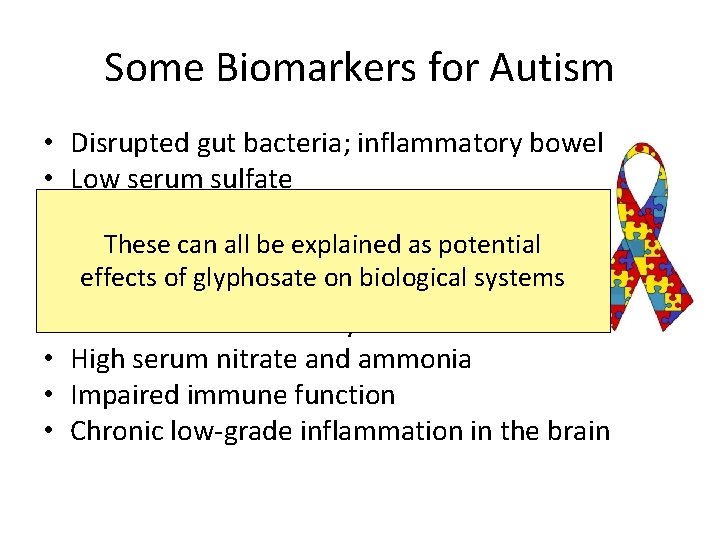 Some Biomarkers for Autism • • • Disrupted gut bacteria; inflammatory bowel Low serum Some Biomarkers for Autism • • • Disrupted gut bacteria; inflammatory bowel Low serum