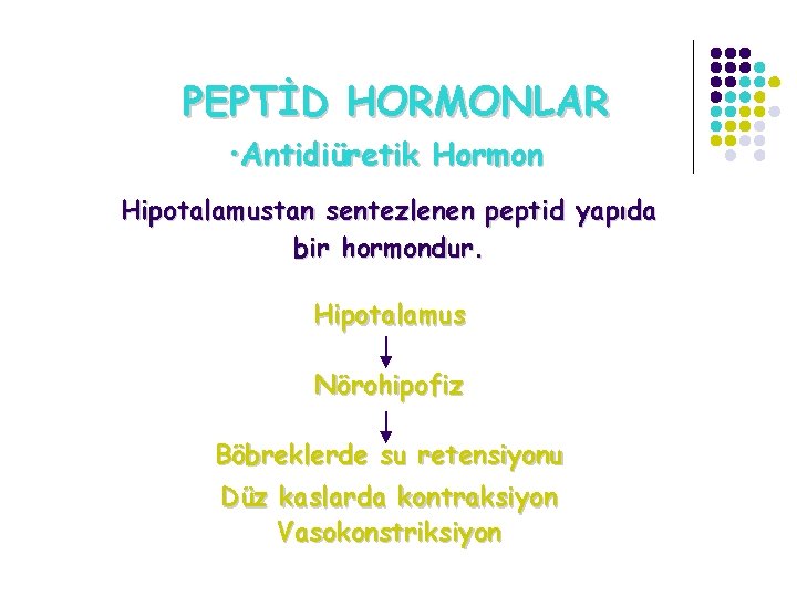 PEPTİD HORMONLAR • Antidiüretik Hormon Hipotalamustan sentezlenen peptid yapıda bir hormondur. Hipotalamus Nörohipofiz Böbreklerde