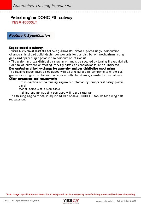 Automotive Training Equipment Petrol engine DOHC FSI cutway YESA-10000 LT Feature & Specification Engine