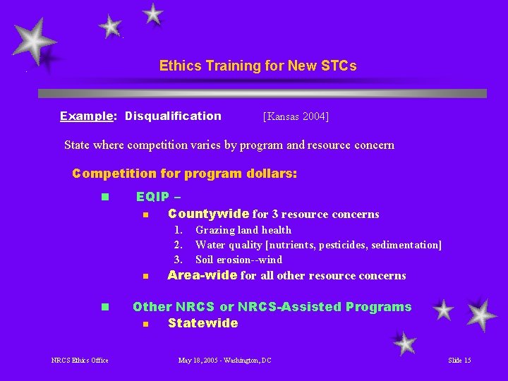 Ethics Training for New STCs Example: Disqualification [Kansas 2004] State where competition varies by