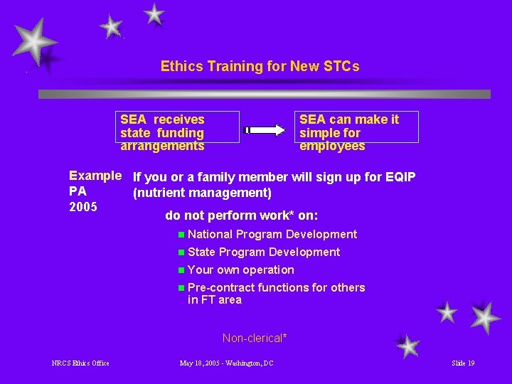 Ethics Training for New STCs SEA receives state funding arrangements SEA can make it