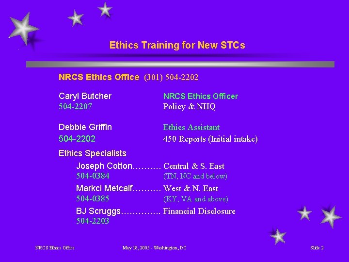 Ethics Training for New STCs NRCS Ethics Office (301) 504 -2202 Caryl Butcher 504