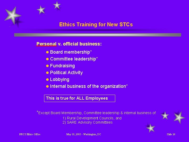 Ethics Training for New STCs Personal v. official business: Board membership* l Committee leadership*