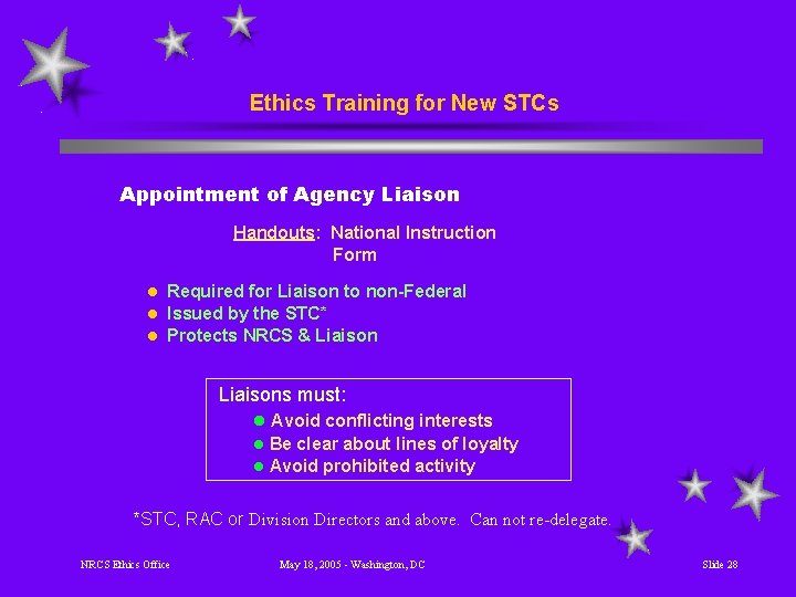 Ethics Training for New STCs Appointment of Agency Liaison Handouts: National Instruction Form Required