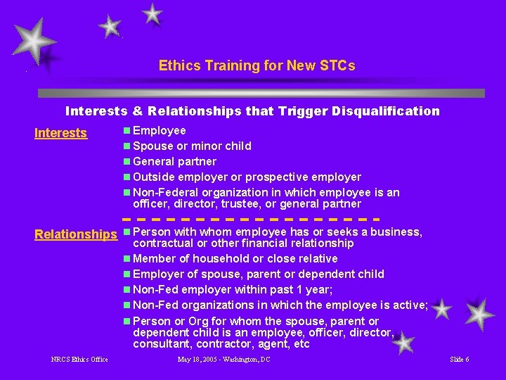 Ethics Training for New STCs Interests & Relationships that Trigger Disqualification Interests n Employee
