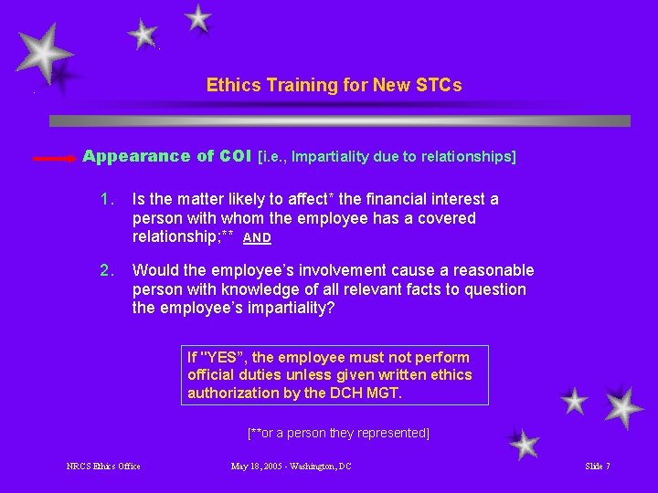 Ethics Training for New STCs Appearance of COI [i. e. , Impartiality due to