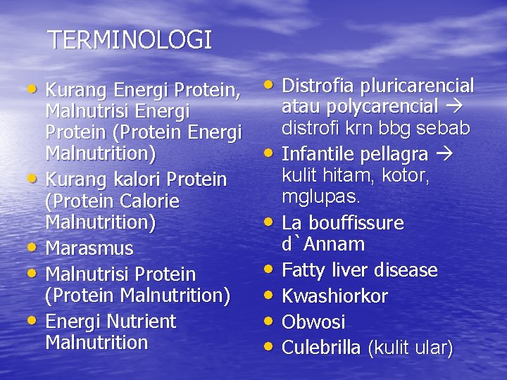 TERMINOLOGI • Kurang Energi Protein, • Distrofia pluricarencial • • Malnutrisi Energi Protein (Protein