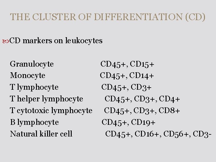 THE CLUSTER OF DIFFERENTIATION (CD) CD markers on leukocytes Granulocyte CD 45+, CD 15+