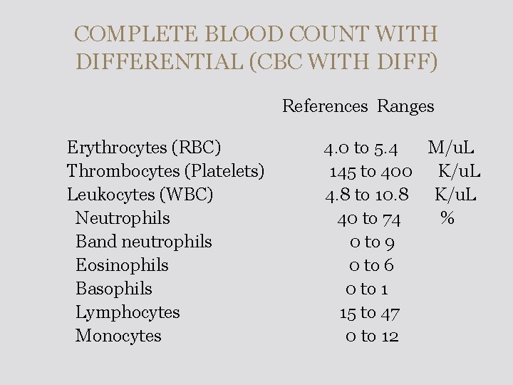 COMPLETE BLOOD COUNT WITH DIFFERENTIAL (CBC WITH DIFF) References Ranges Erythrocytes (RBC) Thrombocytes (Platelets)