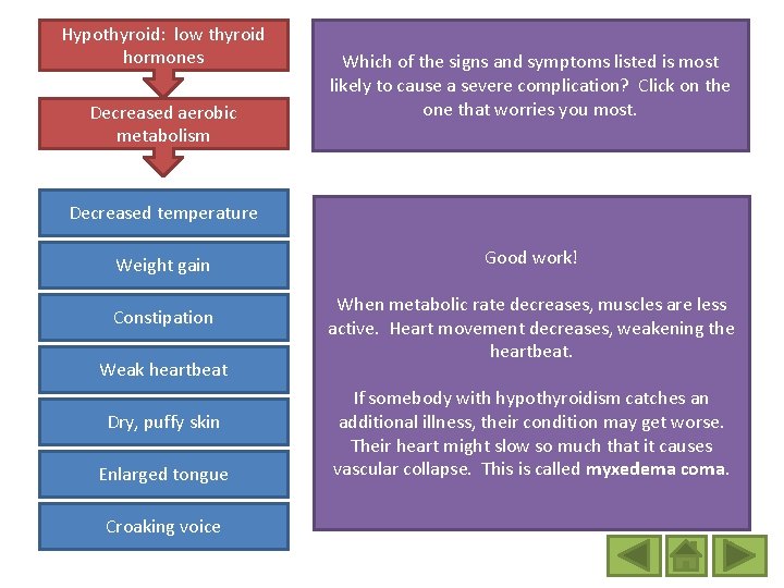 Hypothyroid: low thyroid hormones Decreased aerobic metabolism Which of the signs and symptoms listed