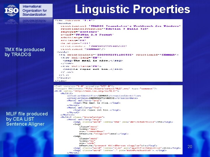 Linguistic Properties TMX file produced by TRADOS MLIF file produced by CEA LIST Sentence
