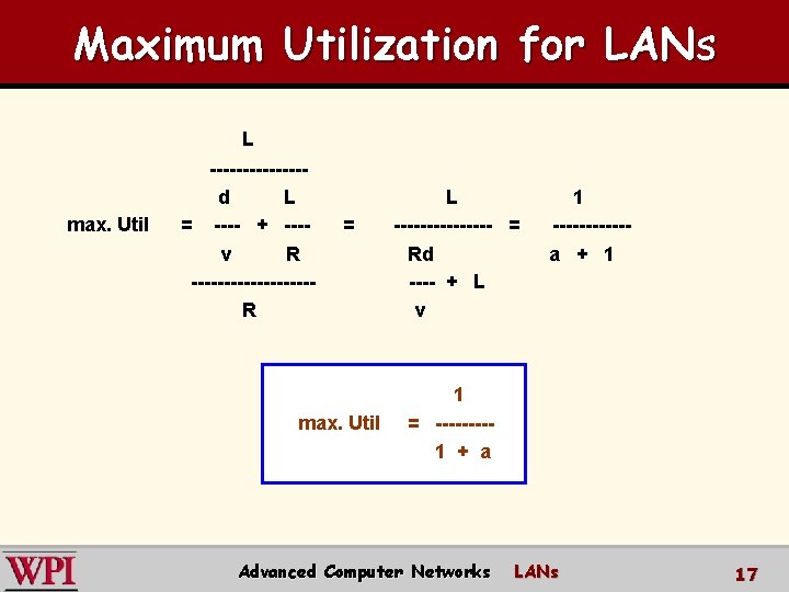 Maximum Utilization for LANs max. Util L -------d L = ---- + ---v R