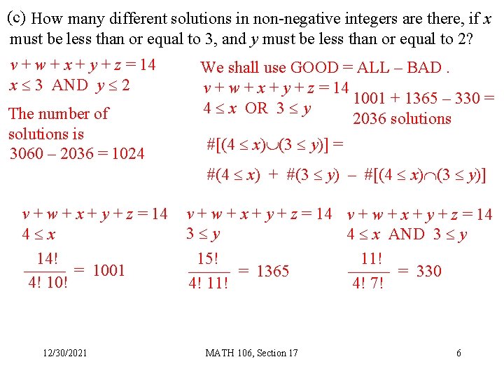(c) How many different solutions in non-negative integers are there, if x must be
