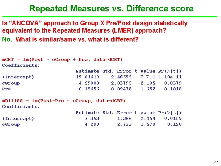 Repeated Measures vs. Difference score Is “ANCOVA” approach to Group X Pre/Post design statistically