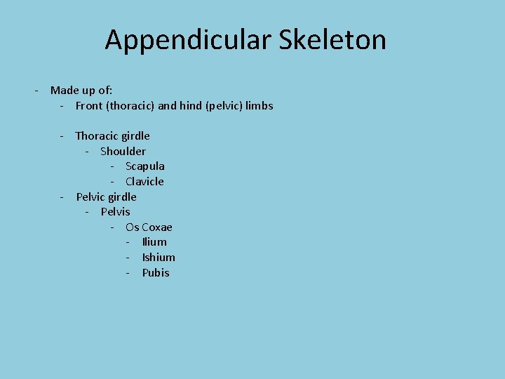 Appendicular Skeleton - Made up of: - Front (thoracic) and hind (pelvic) limbs -