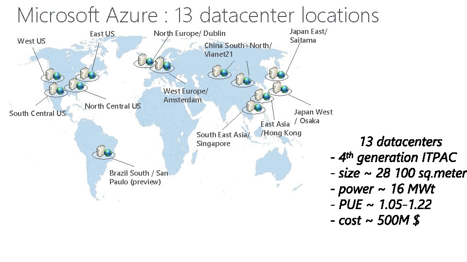 Microsoft Azure : 13 datacenter locations West US South Central US East US North Microsoft Azure : 13 datacenter locations West US South Central US East US North