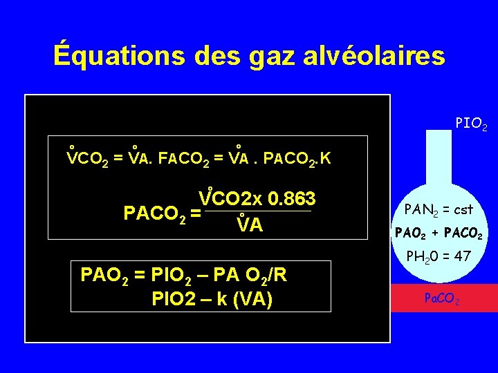 Équations des gaz alvéolaires PIO 2 ° ° ° VCO 2 = VA. FACO