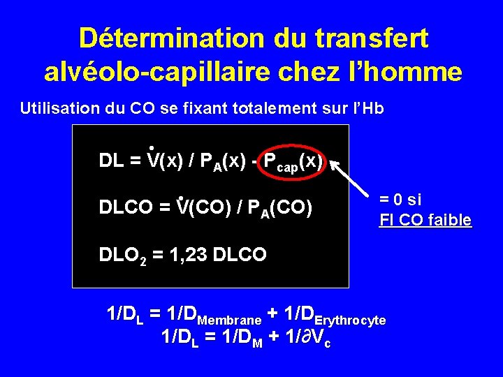 Détermination du transfert alvéolo-capillaire chez l’homme Utilisation du CO se fixant totalement sur l’Hb