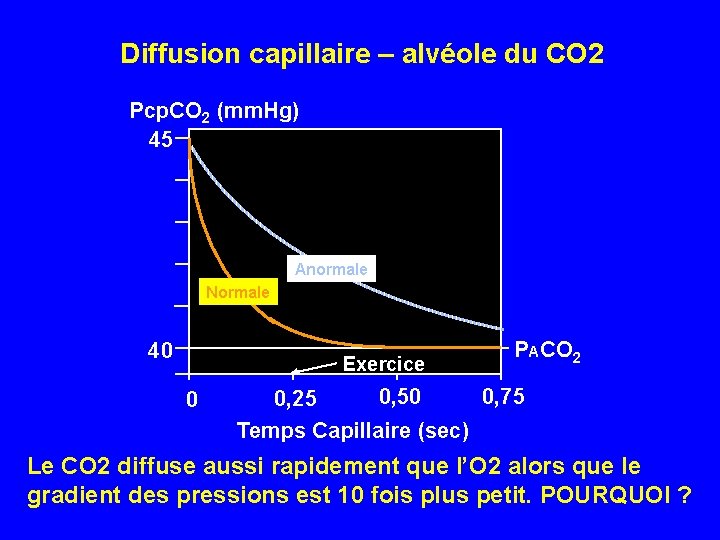 Diffusion capillaire – alvéole du CO 2 Pcp. CO 2 (mm. Hg) 45 Anormale