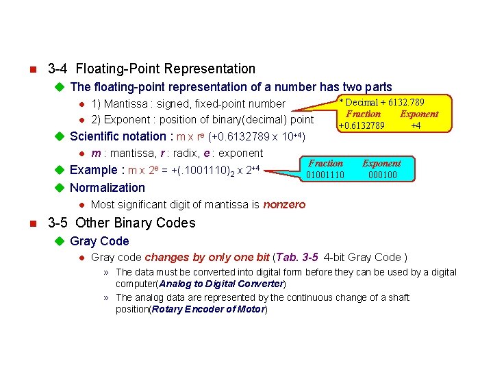 n 3 -4 Floating-Point Representation u The floating-point representation of a number has two n 3 -4 Floating-Point Representation u The floating-point representation of a number has two