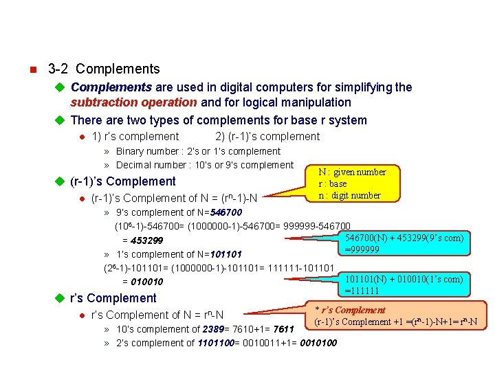 n 3 -2 Complements u Complements are used in digital computers for simplifying the n 3 -2 Complements u Complements are used in digital computers for simplifying the