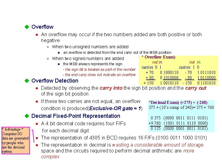u Overflow l An overflow may occur if the two numbers added are both u Overflow l An overflow may occur if the two numbers added are both