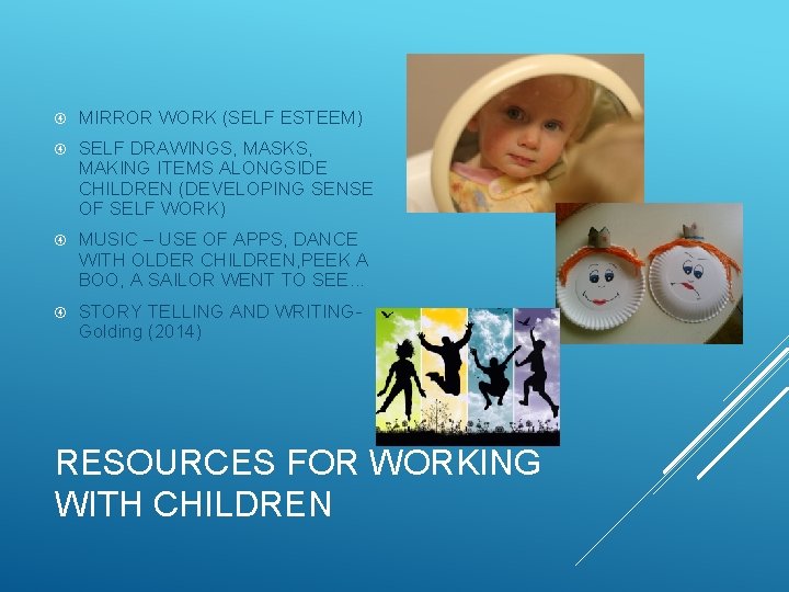  MIRROR WORK (SELF ESTEEM) SELF DRAWINGS, MASKS, MAKING ITEMS ALONGSIDE CHILDREN (DEVELOPING SENSE
